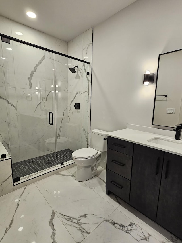 bathroom featuring a marble finish shower, toilet, marble finish floor, vanity, and recessed lighting