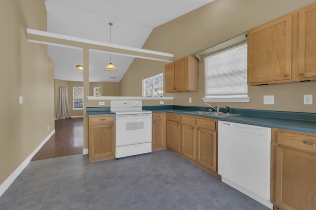 kitchen featuring pendant lighting, lofted ceiling, a sink, white appliances, and baseboards