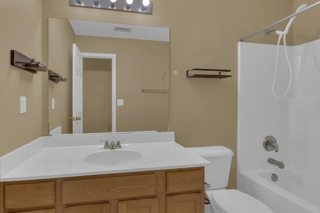 full bath featuring washtub / shower combination, visible vents, vanity, and toilet