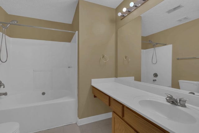 bathroom featuring bathing tub / shower combination, visible vents, toilet, a textured ceiling, and tile patterned floors