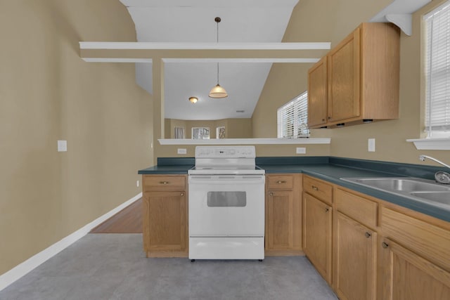 kitchen featuring a healthy amount of sunlight, white electric range, a sink, and a peninsula