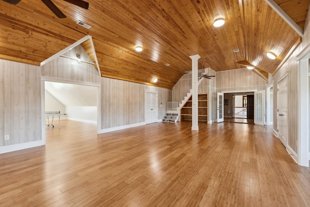 bonus room with visible vents, vaulted ceiling, ceiling fan, wood finished floors, and wooden ceiling