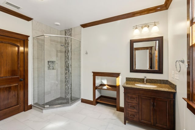 bathroom featuring visible vents, baseboards, marble finish floor, a shower stall, and crown molding