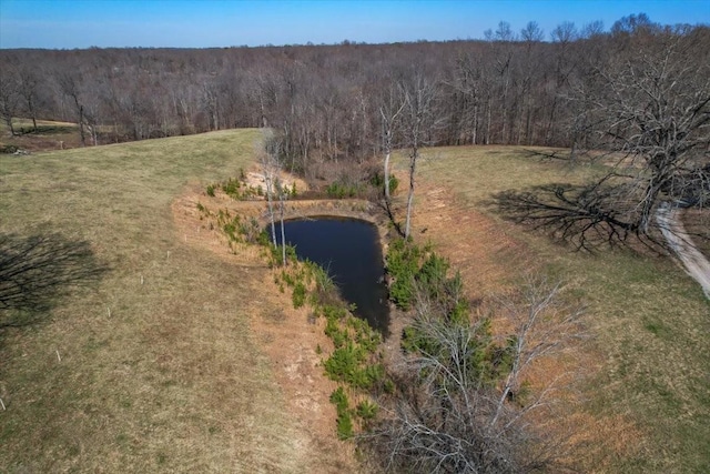 birds eye view of property featuring a wooded view and a water view