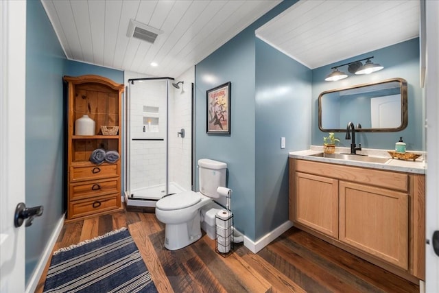 full bath featuring visible vents, a stall shower, toilet, and wood finished floors