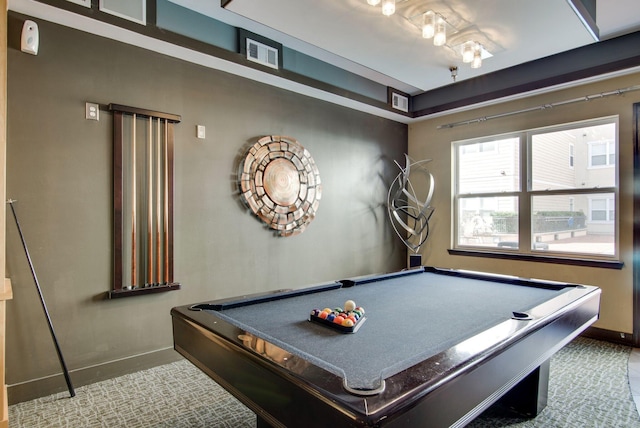 recreation room featuring baseboards, visible vents, and pool table