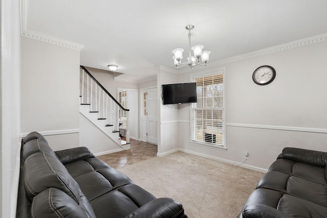 carpeted living room featuring baseboards, stairway, a chandelier, and crown molding