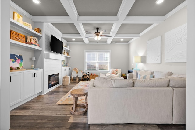 living room featuring a fireplace, recessed lighting, dark wood-type flooring, coffered ceiling, and beamed ceiling