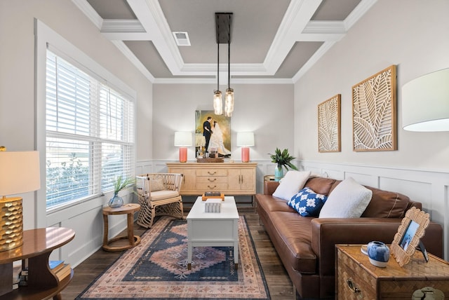 living room with ornamental molding, a wainscoted wall, visible vents, and dark wood-style floors