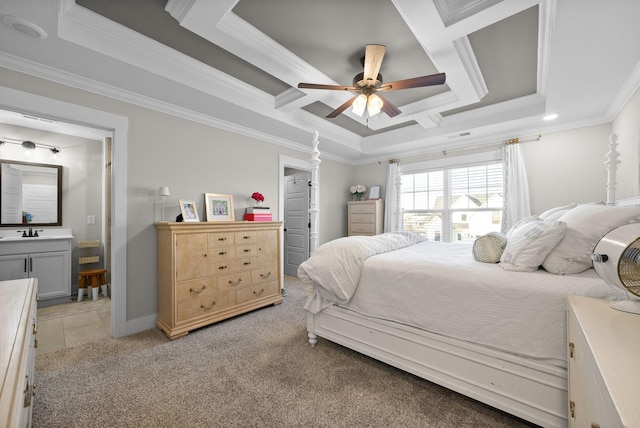 bedroom featuring a sink, light carpet, a raised ceiling, and crown molding