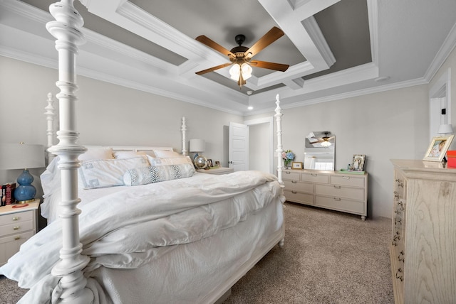 bedroom featuring carpet floors, coffered ceiling, crown molding, and a ceiling fan