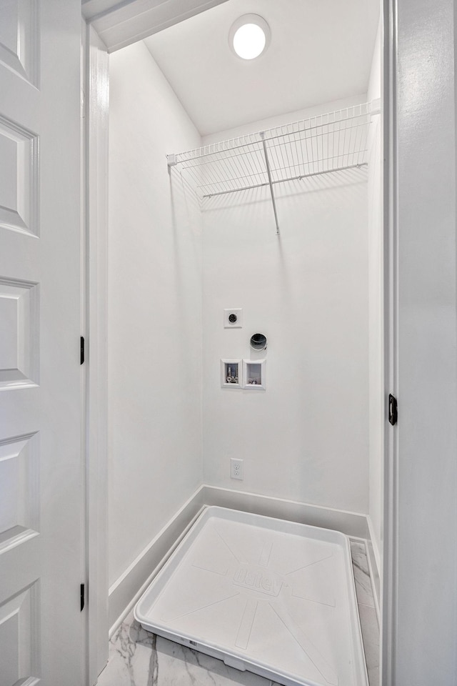 laundry area with marble finish floor, hookup for a washing machine, laundry area, and hookup for an electric dryer