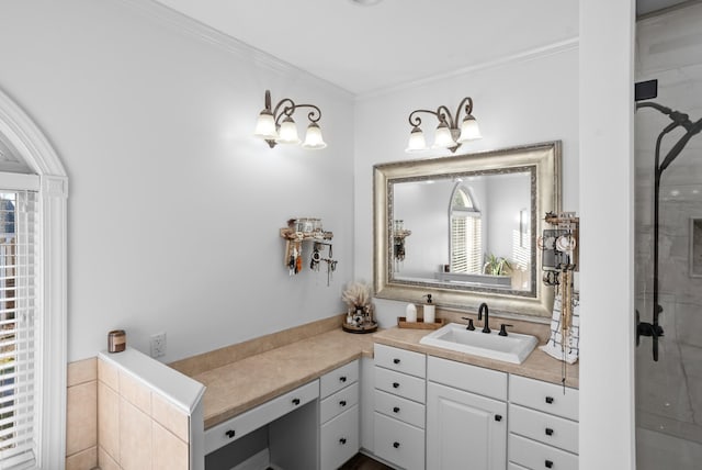 full bath featuring ornamental molding, walk in shower, and vanity