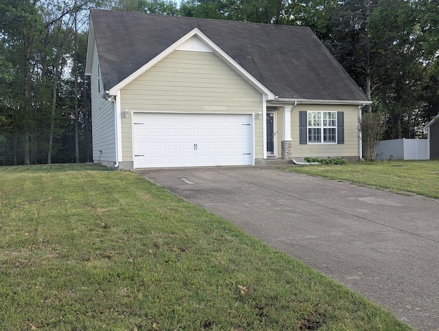 view of front facade featuring a front lawn, concrete driveway, fence, a garage, and a shingled roof