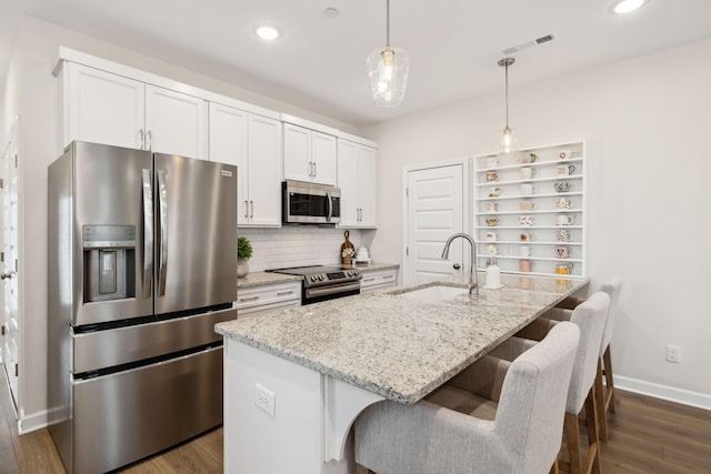 kitchen featuring stainless steel appliances, a sink, visible vents, white cabinets, and tasteful backsplash