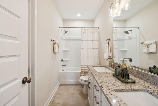 full bath with tile patterned flooring, toilet, a sink, shower / tub combo with curtain, and double vanity