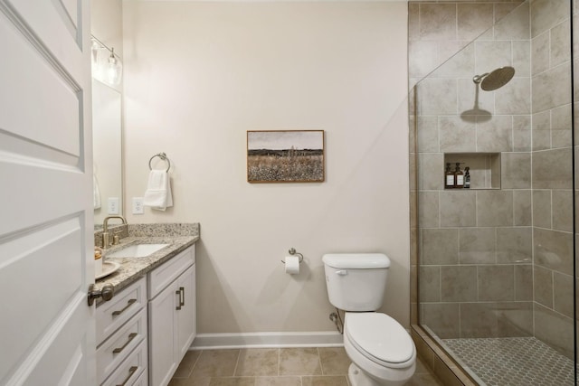 full bath featuring vanity, a shower stall, toilet, and baseboards