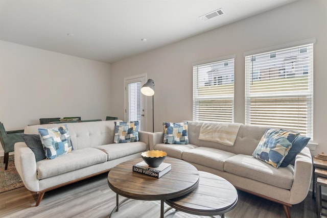 living room with visible vents and wood finished floors