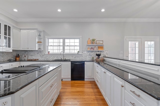 kitchen featuring a sink, black appliances, open shelves, and white cabinets