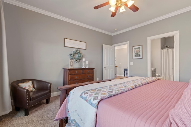 bedroom featuring carpet, crown molding, a ceiling fan, connected bathroom, and baseboards