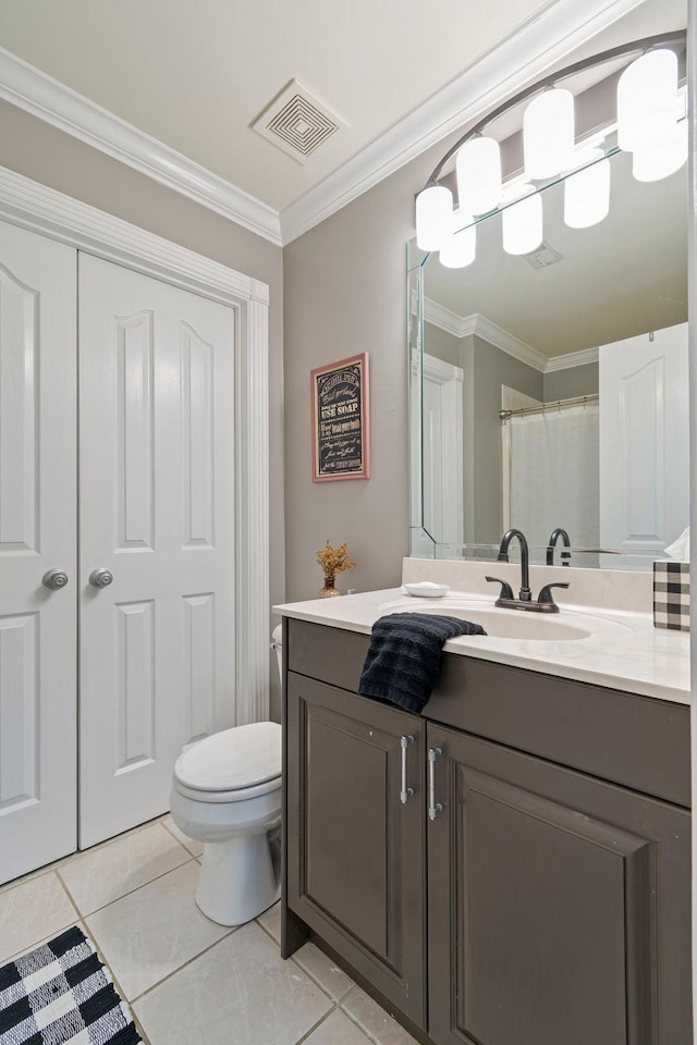 full bathroom with tile patterned flooring, visible vents, and ornamental molding