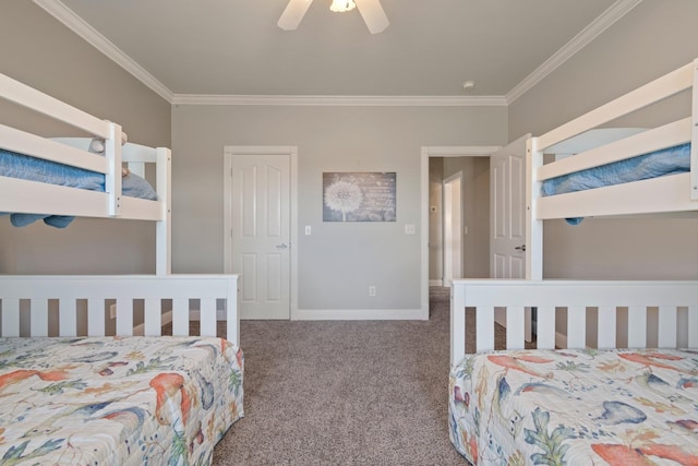 bedroom featuring carpet floors, ceiling fan, baseboards, and crown molding