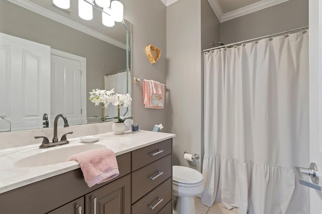 bathroom with ornamental molding, tile patterned flooring, vanity, and toilet