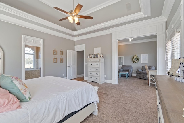 bedroom with ornamental molding, a raised ceiling, light colored carpet, and baseboards