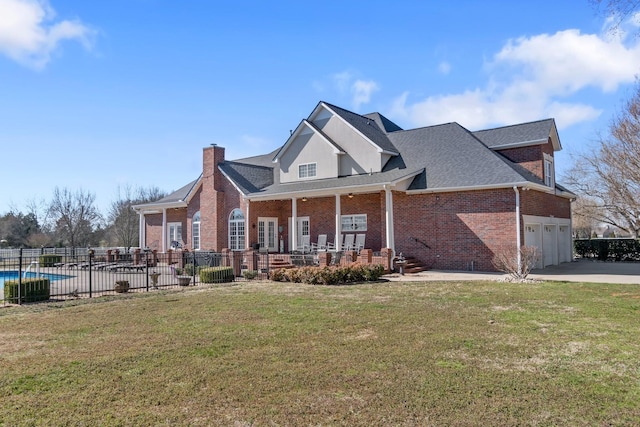 view of property exterior featuring brick siding, concrete driveway, a lawn, fence, and a garage