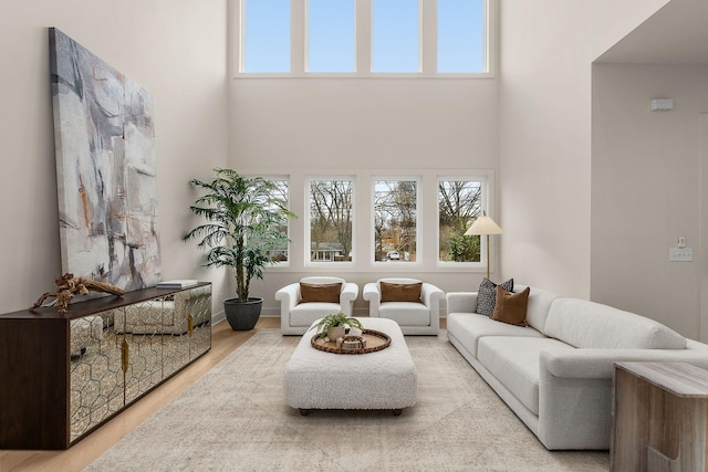 living room with a high ceiling and wood finished floors