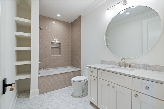 bathroom with toilet, tiled shower / bath combo, crown molding, vanity, and built in shelves