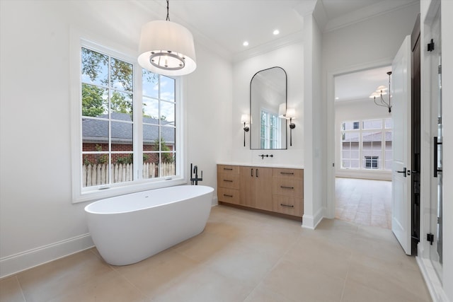 full bath featuring plenty of natural light, tile patterned flooring, and crown molding