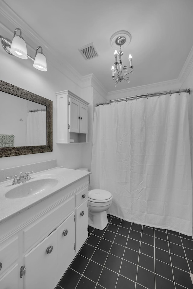 bathroom with visible vents, toilet, ornamental molding, tile patterned flooring, and vanity