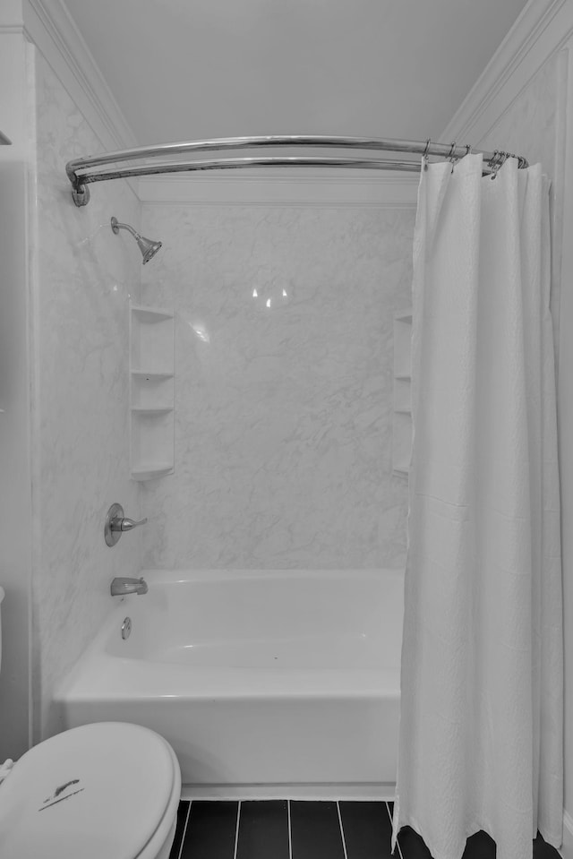 bathroom featuring ornamental molding, shower / bath combination with curtain, toilet, and tile patterned floors