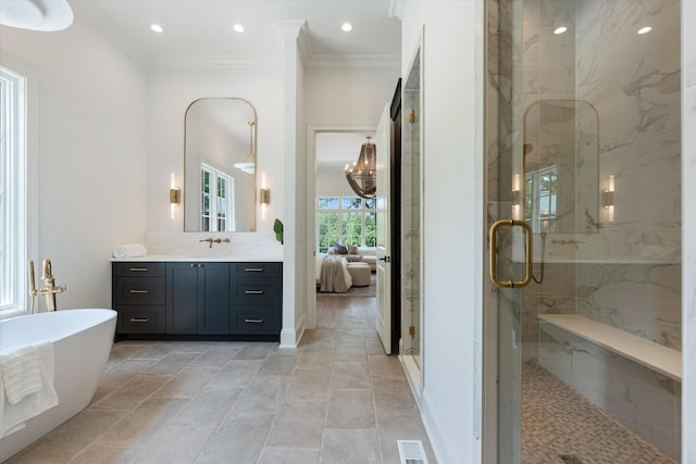 full bathroom with a marble finish shower, visible vents, vanity, and ornamental molding