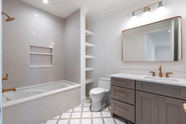 full bath featuring tiled shower / bath, crown molding, vanity, and toilet