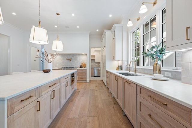 kitchen featuring light countertops, ornamental molding, a sink, and light wood-style floors