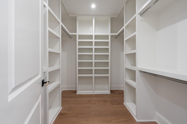 walk in closet with wood finished floors