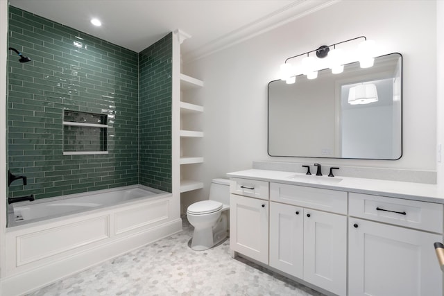 bathroom with ornamental molding, shower / tub combination, vanity, and toilet