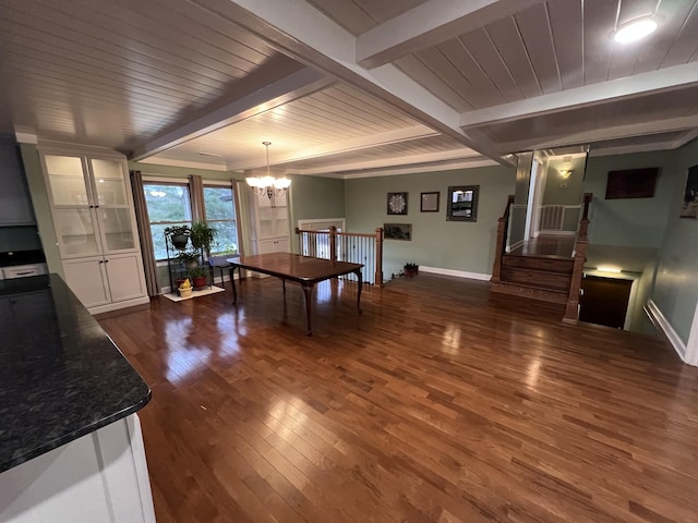 dining room with baseboards, wooden ceiling, dark wood-type flooring, beamed ceiling, and an inviting chandelier