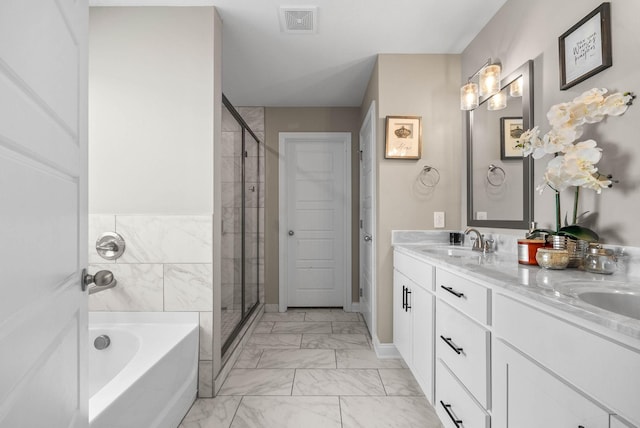 bathroom with a garden tub, a sink, visible vents, marble finish floor, and a shower stall