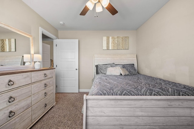 bedroom featuring ceiling fan and carpet