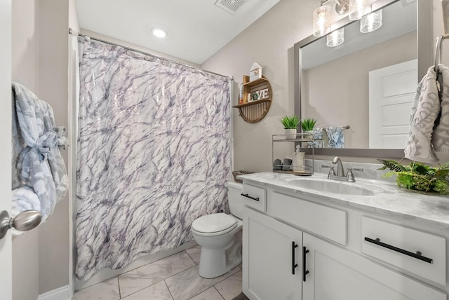 bathroom featuring visible vents, toilet, marble finish floor, curtained shower, and vanity