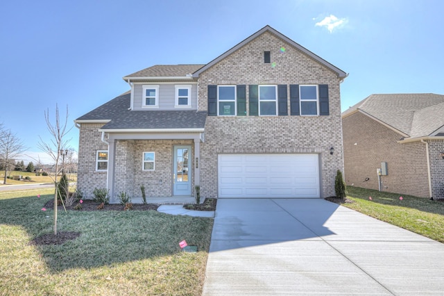 view of front of property featuring a garage, a shingled roof, concrete driveway, a front yard, and brick siding