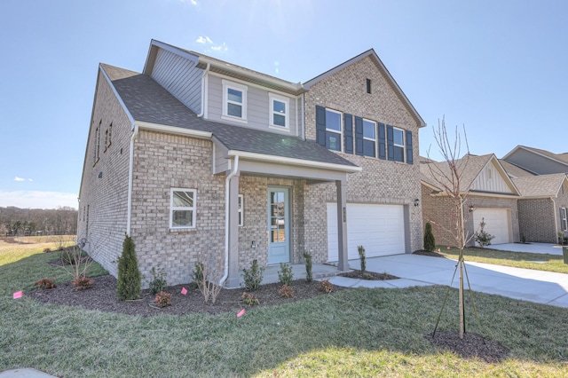 view of front facade with brick siding, a shingled roof, a garage, driveway, and a front lawn