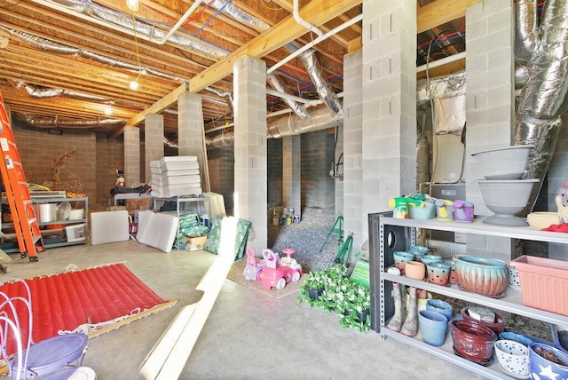 unfinished basement featuring concrete block wall