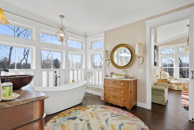 interior space with ornamental molding, wood-type flooring, a healthy amount of sunlight, and vanity