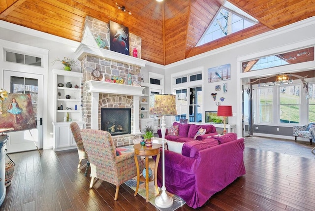 living room featuring wooden ceiling, wood-type flooring, a fireplace, and high vaulted ceiling