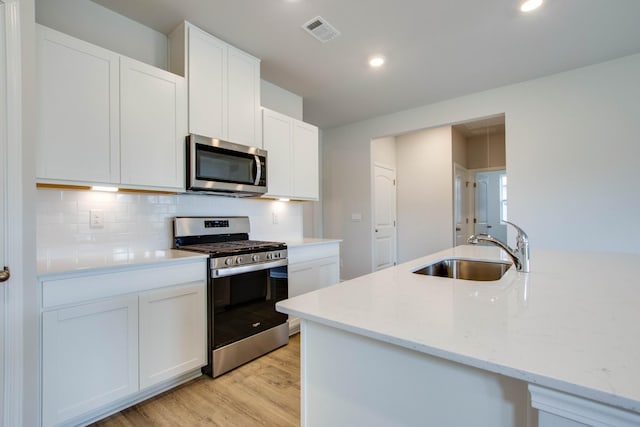 kitchen with stainless steel appliances, a sink, visible vents, light wood-style floors, and backsplash