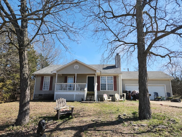 view of front facade with covered porch, an attached garage, a chimney, and crawl space